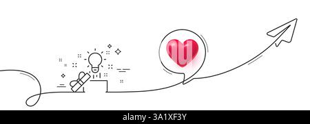 Out of the box line icon. Continuous line with share plane. Creativity sign. Gift box with idea symbol. 3d heart in speech bubble. Creative idea singl Stock Vector