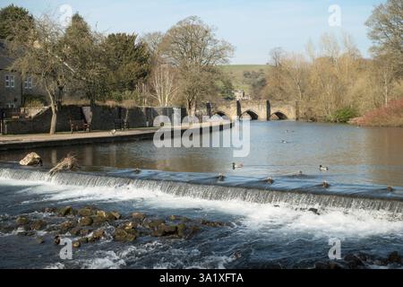 The river Wye in Bakewell, with the old stone arch bridge in the background, Derbyshire, England, UK Stock Photo