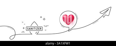 Hand sanitizer line icon. Continuous line with share plane. Sanitary cleaning sign. Washing hands symbol. 3d heart in speech bubble. Hand sanitizer si Stock Vector