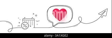 Calendar discounts line icon. Continuous line with share plane. Sale shopping sign. Clearance symbol. 3d heart in speech bubble. Calendar discounts si Stock Vector