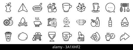 Grill tools, Food market and Gas grill line icons pack. Share, Message, Paper plane icons. Orange, Healthy food, Coffee web icon. Teacup, Recycle wate Stock Vector