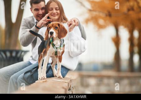 Smiling, having fun. Lovely couple are with their cute dog outdoors. Stock Photo