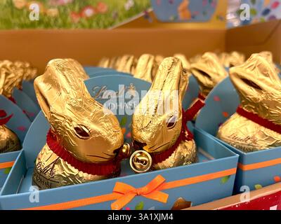 new, Lindt, Easter, Gold Bunny, chocolates, Easter treats, Easter chocolates, chocolate, gold bunny Easter eggs, Easter egg, traditional sweets, 2025 Stock Photo
