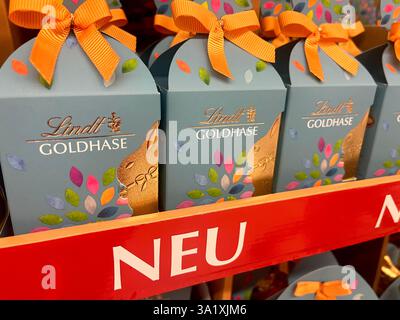 new, Lindt, Easter, Gold Bunny, chocolates, Easter treats, Easter chocolates, packaging, gold bunny Easter eggs, Easter egg, traditional sweets, 2025 Stock Photo