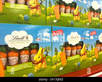 Lindt, Easter, Gold Bunny, chocolates, Easter treats, Easter chocolates, Easter carrots, gold bunny Easter eggs, Easter egg, chocolate carrots, 2025 Stock Photo
