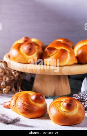 Larks - birds made of dough, to welcome spring. Traditional festive bread bird made of buttery dough. cooking homemade cakes, process Stock Photo