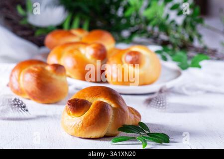 Larks - birds made of dough, to welcome spring. Traditional festive bread bird made of buttery dough. cooking homemade cakes, process Stock Photo
