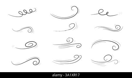 Hand-drawn doodle wind line sketch set featuring swirling air motion, abstract line art, and flowing smoke elements. Ideal for weather graphics Stock Vector