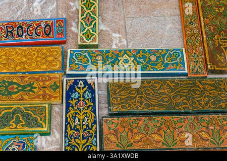 Jewish Craftsman painting and decorating ceramic products in old town factory in Rabat, Morocco, North Africa Stock Photo