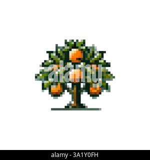 Tree logo with fruits vector. Tangerine tree icon. Spring trees. Fruit tree vector icon pixel style. Stylish retro tree icon. Stock Vector