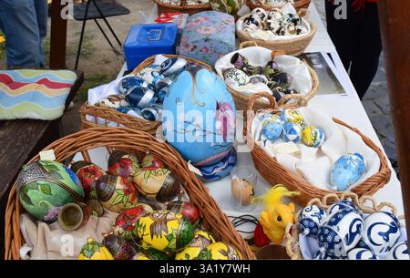 The Hollókő Easter Market, Hungary. hand-painted Decorative Easter eggs. Floral and animal motifs. A variety of colors and designs. Easter celebration. Stock Photo