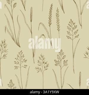 Seamless pattern with meadow grass. Ink drawing of wild cereals. Vector illustration. Stock Vector