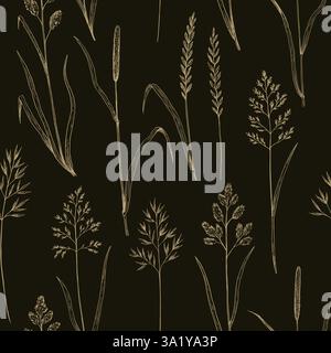 Seamless pattern with meadow grass. Ink drawing of wild cereals. Vector illustration. Stock Vector