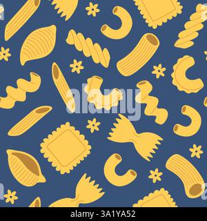 Seamless pattern with pasta and macaroni, various shapes and types. Hand-drawn vector illustration in cute trendy style. Stock Vector