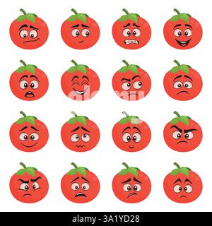 Vector Tomato Face Expressions Set. Cartoon Tomato Characters, Different Emotions. Cute Faces Collection, Funny Mood. Happy, Angry, Sad, Surprised Stock Vector