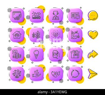 360 degree, Winner cup and Fireworks stars line icons. For web app, printing. App 3d buttons icons. Vector Stock Vector