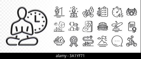 Fisherman, Diet menu and Winner ribbon line icons for web app. Pictogram icon. Glare of light icons. Vector Stock Vector