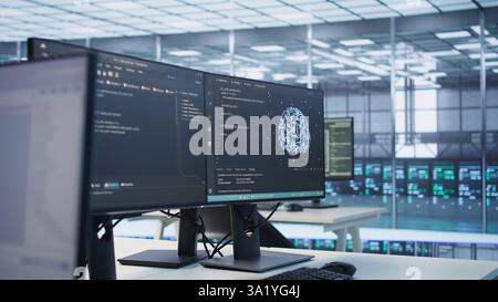 Interlinked computers in data center creating server network, using parallel computing to perform complex calculations and process large amounts of data, close up panning shot Stock Photo