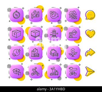 Delivery bike, Eco power and Charging time line icons. For web app, printing. App 3d buttons icons. Vector Stock Vector