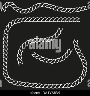 Twisted rope border. Nautical rope set. Strong fiber element. Vector marine design. Stock Vector