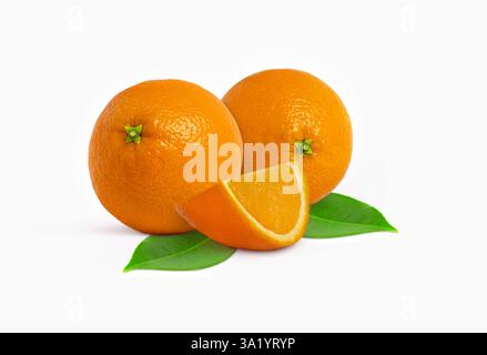 Fresh group of oranges with leaves and orange slice isolated on white background Stock Photo