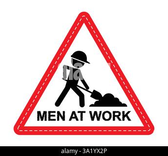 Working construction sign icon clipart. Men at work safety caution clip art in red triangle signboard for street and road infrastructure vector Stock Vector