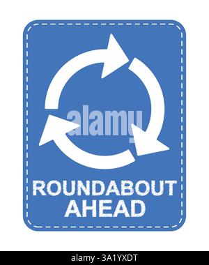 Roundabout ahead traffic sign icon clipart. Road sign turn around arrow symbol clip art in blue signage for highway warning signboard vector Stock Vector