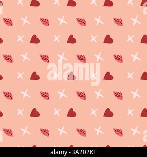 Seamless pattern with hearts and leaves on peach background. Stock Vector