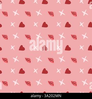 Seamless pink pattern with hearts and leaves. Stock Vector