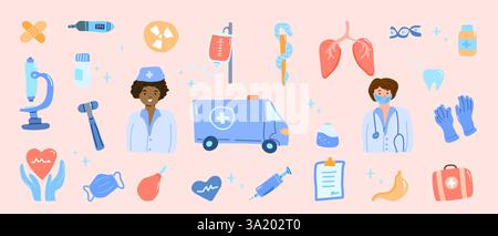 Medical care healthy first aid stickers set. Doctor and nursery with medical equipment. Elements for girly education. Stock Vector