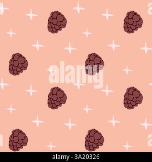 Seamless pattern of stylized blackberries and stars on pink background. Stock Vector