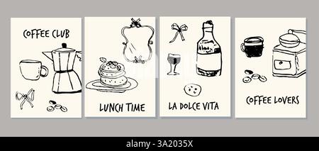 La dolce vita coffee break set with italian snacks and vintage coffee accessories. Card or posters design. Stock Vector