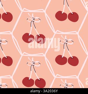 Repeating cherry pattern with geometric background. Stock Vector