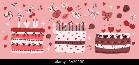 Decorative cakes with hearts and cherries on a pink background. Hand drawn romantic elements set in coquette doodle. Stock Vector