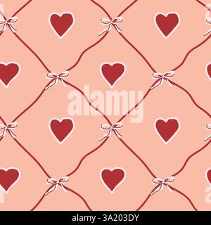 Seamless pattern with red hearts and bows on pink background. Stock Vector