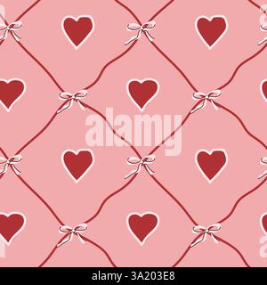 Red and pink heart pattern with ribbons on diagonal grid. Stock Vector
