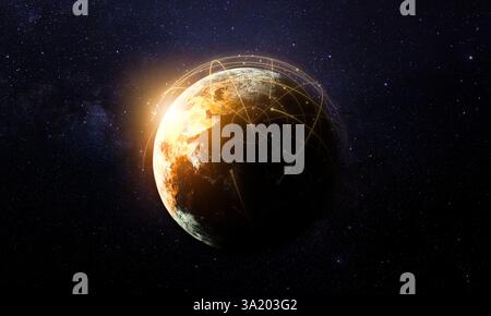 Night planet earth from space with light lines of communication and connection. Business and finance, concept. Global communications system Stock Photo