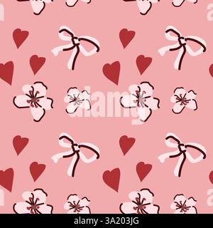 Romantic pink pattern with bows, flowers, and hearts on a soft background. Stock Vector
