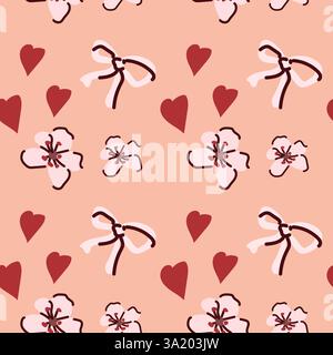 Seamless pattern with pink bows, cherry blossoms, and red hearts on peach background. Stock Vector