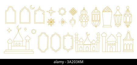 Ramadan celebration vector set with arabic design elements for festive decorations. Line art simple design. Stock Vector