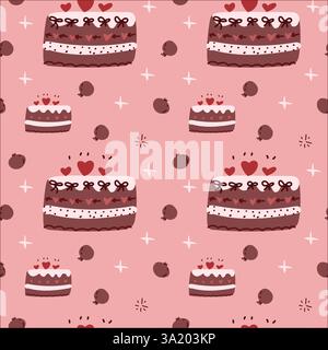 Seamless pink cake pattern with hearts and berries. Stock Vector