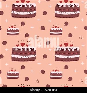 Seamless cake pattern with hearts and decorative elements on pink background. Stock Vector