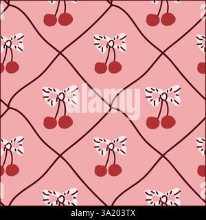 Retro pink cherry and bow pattern on diamond background. Stock Vector