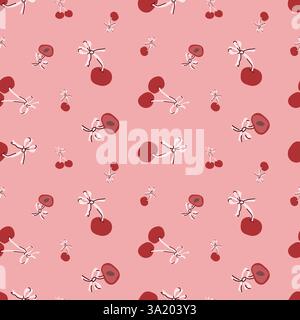 Seamless pattern of cherries on pink background with stylized design. Stock Vector