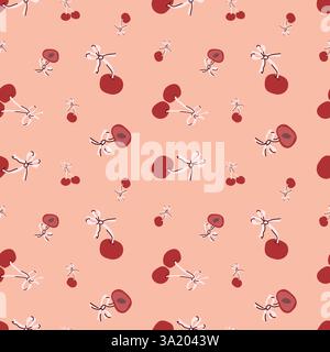 Seamless pattern of red cherries on light peach background. Stock Vector