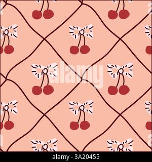 Seamless cherry pattern with bow on geometric background. Stock Vector