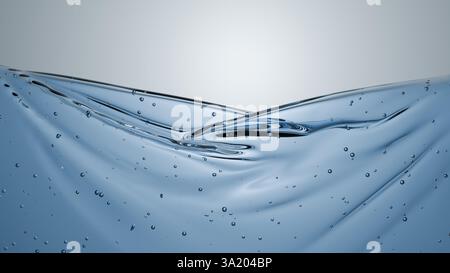 Water splashes dynamically, forming intricate shapes and smooth ripples. Air bubbles rise, creating reflections under soft lighting that enhances the Stock Photo