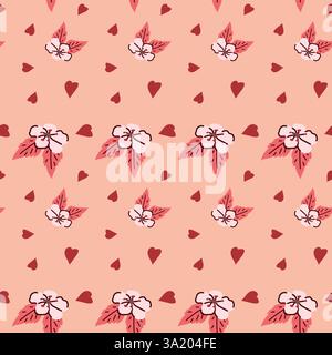 Seamless pink floral pattern with hearts on a peach background. Stock Vector