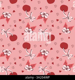 Seamless pattern with red cherries and pink flowers on soft pink background. Stock Vector