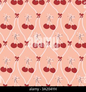 Retro cherry pattern with pink and red bow accents. Stock Vector